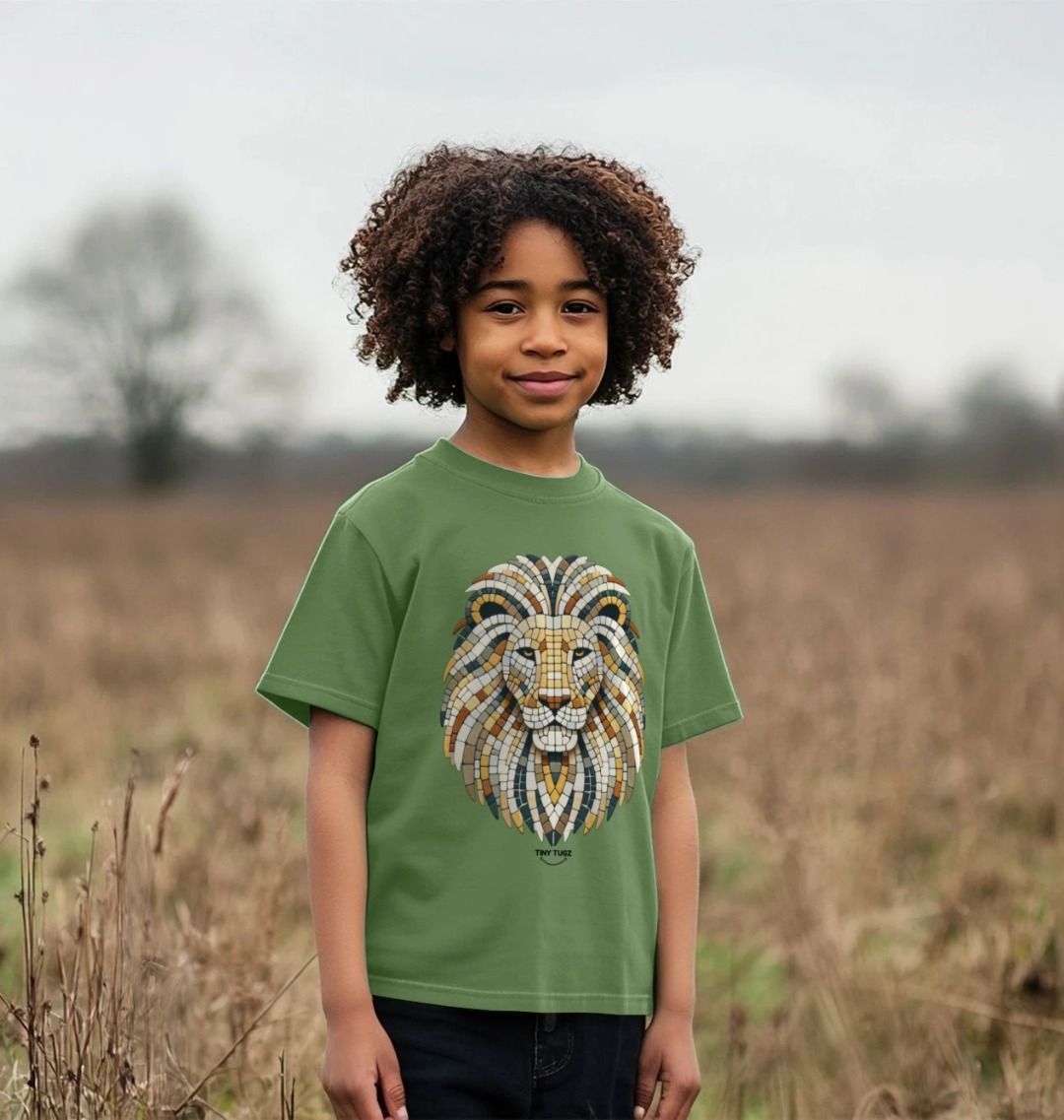 Organic Cotton Kids’ T-Shirt – Mosaic Lion Design
