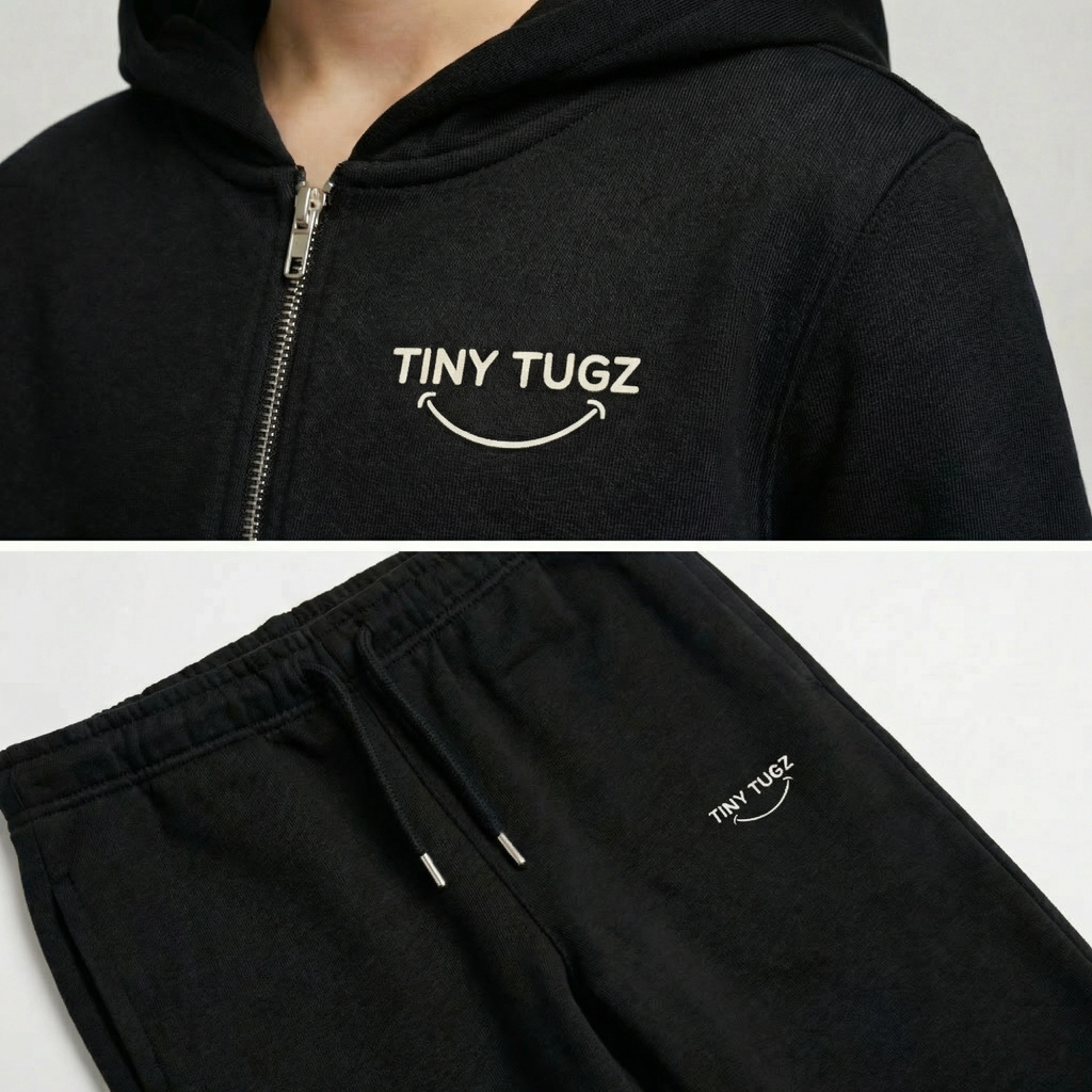 Tiny Tugz™ 100% Organic Cotton Teen Tracksuit – Stripe Logo – Black