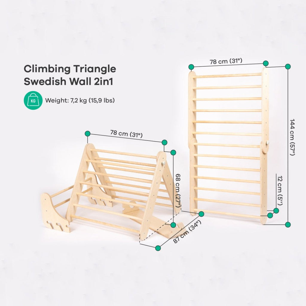 2-in-1 Wooden Triangle Climber & Swedish Wall for Kids (6m–7y) - Natural Wood - Tiny Tugz™