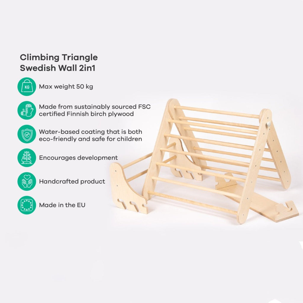 2-in-1 Wooden Triangle Climber & Swedish Wall for Kids (6m–7y) - Natural Wood - Tiny Tugz™