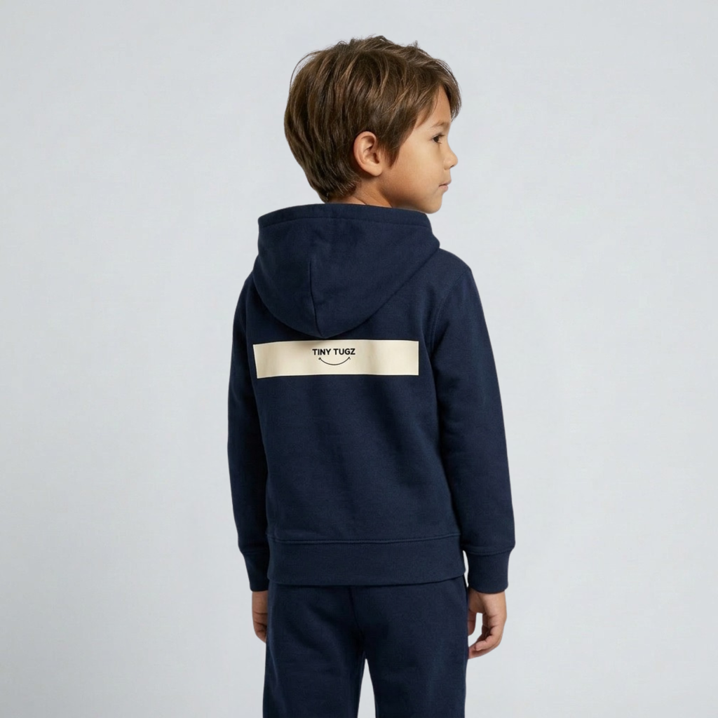 Tiny Tugz™ 100% Organic Cotton Kids Tracksuit – Stripe Logo – Navy