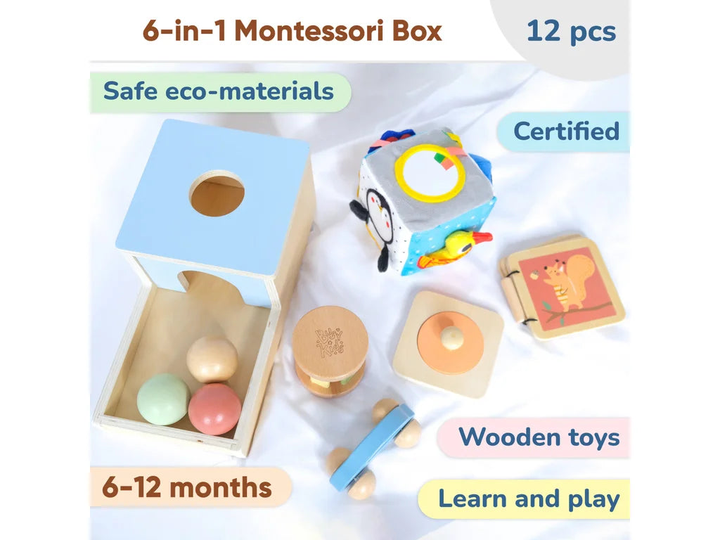 Montessori Play Box – 6–12 Months, 7-Toy Rolling & Reaching Set