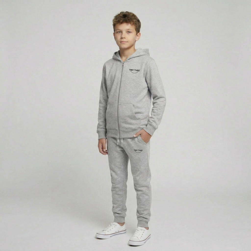 Tiny Tugz™ 100% Organic Cotton Teen Zip Hoodie – Stripe Logo – Grey