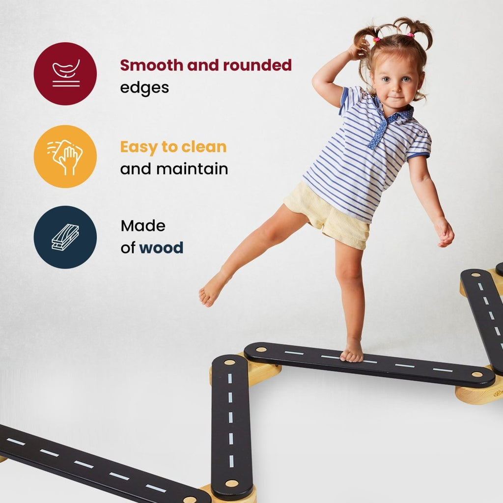 4-Piece Indoor Montessori Wooden Sensory Path for Kids – Balance Beam Learning Set - Tiny Tugz™