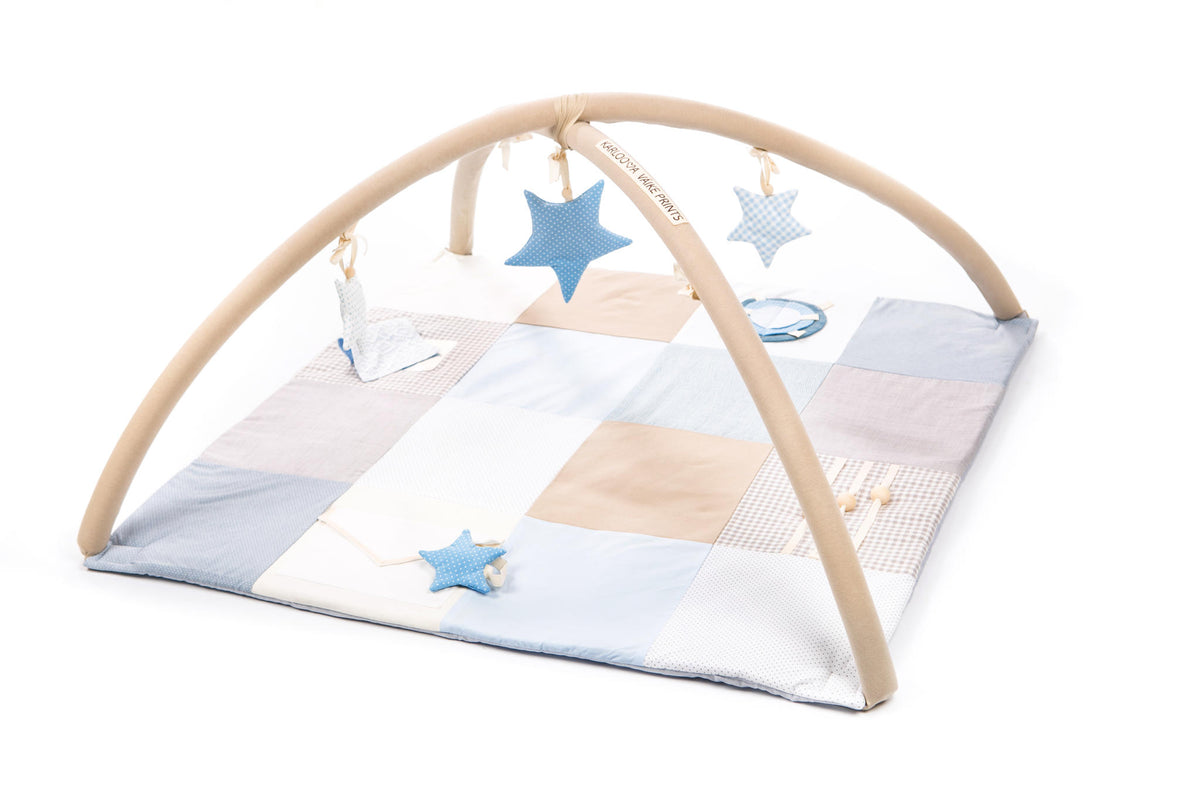 GOTS Organic Activity Mat & Arches 100×100 cm for Babies (0–18m) - Blue - Tiny Tugz™