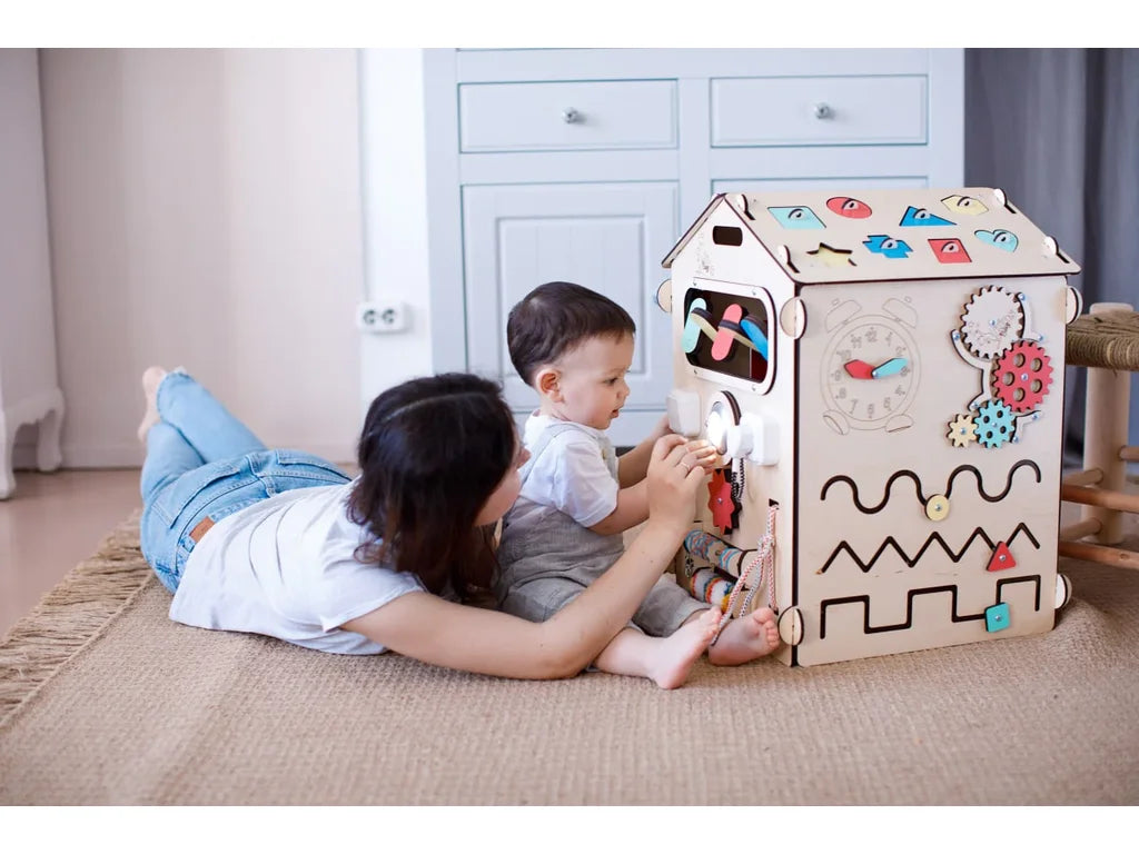 Wooden Busy Board House – 6-Panel Montessori Activity Playhouse