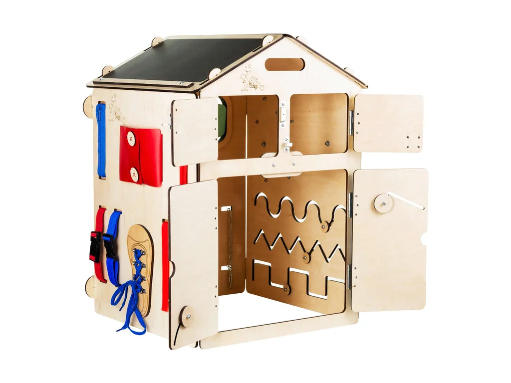 Wooden Busy Board House – 6-Panel Montessori Activity Playhouse