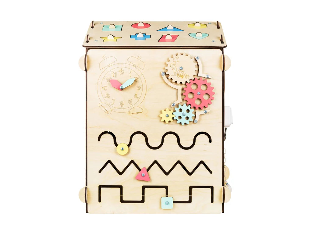 Wooden Busy Board House – 6-Panel Montessori Activity Playhouse