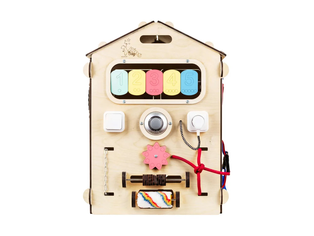 Wooden Busy Board House – 6-Panel Montessori Activity Playhouse