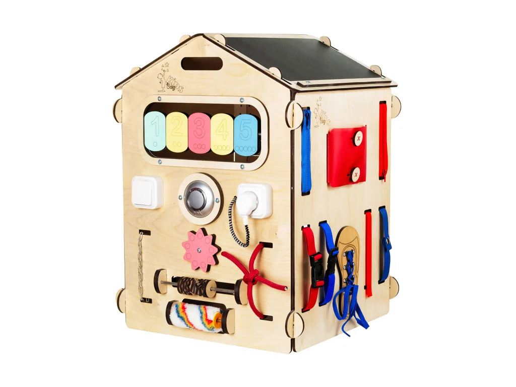 Wooden Busy Board House – 6-Panel Montessori Activity Playhouse