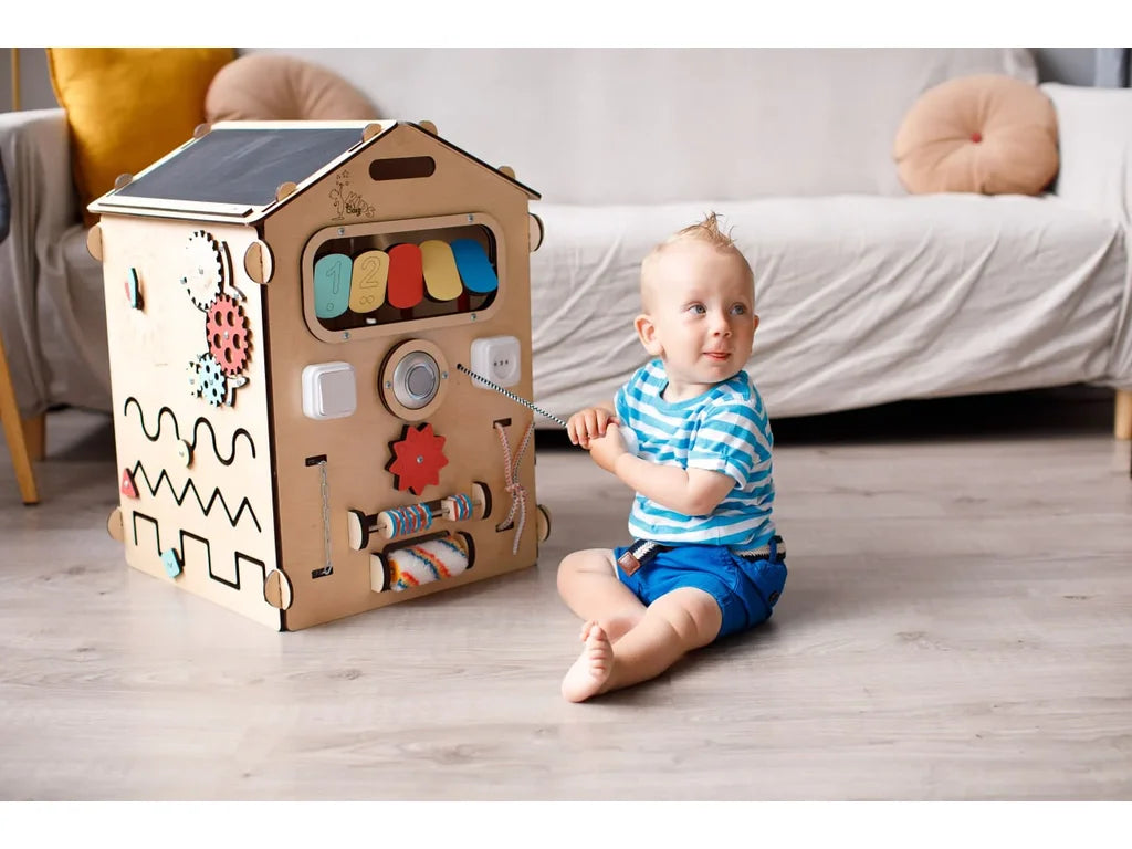 Wooden Busy Board House – 6-Panel Montessori Activity Playhouse