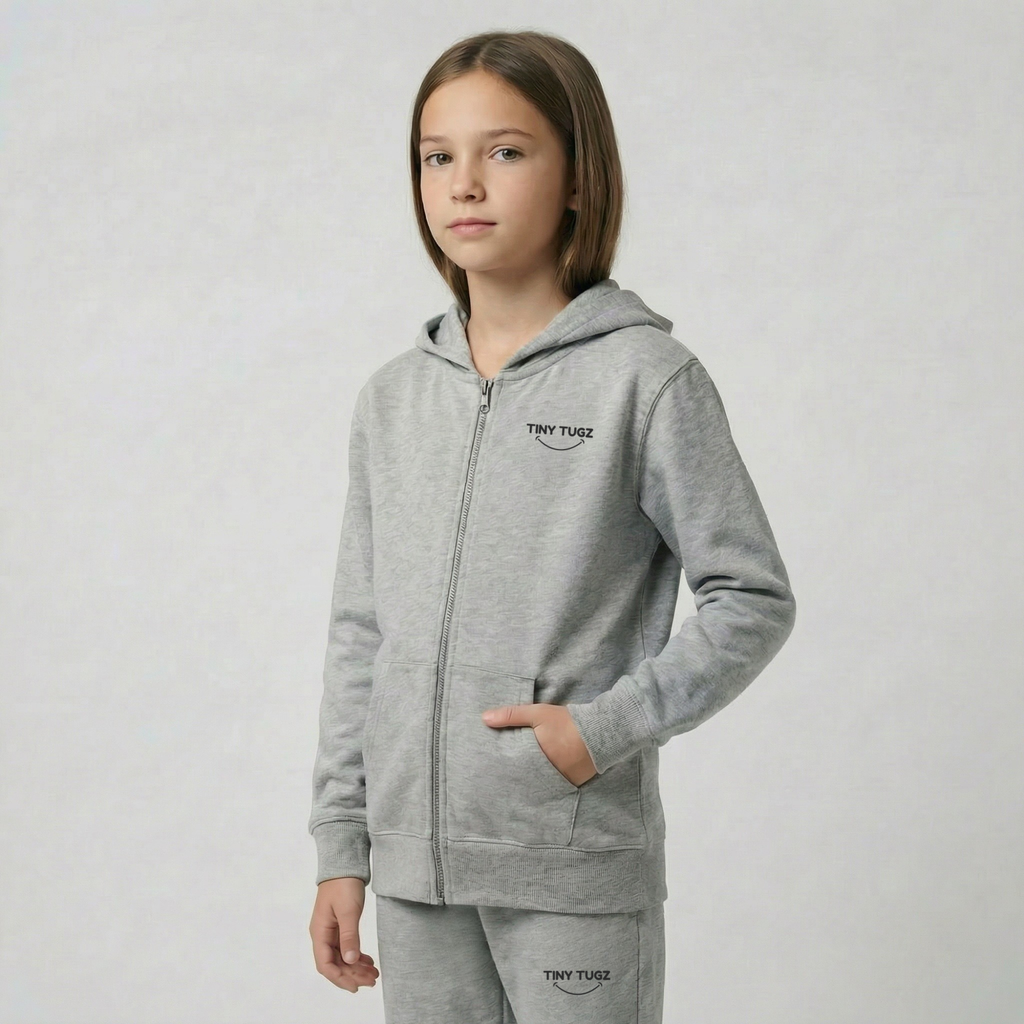 Tiny Tugz™ 100% Organic Cotton Teen Zip Hoodie – Stripe Logo – Grey