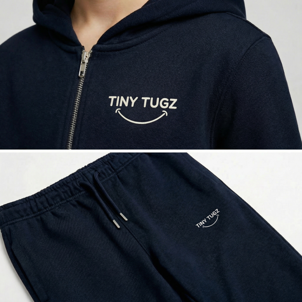 Tiny Tugz™ 100% Organic Cotton Teen Tracksuit – Stripe Logo – Navy