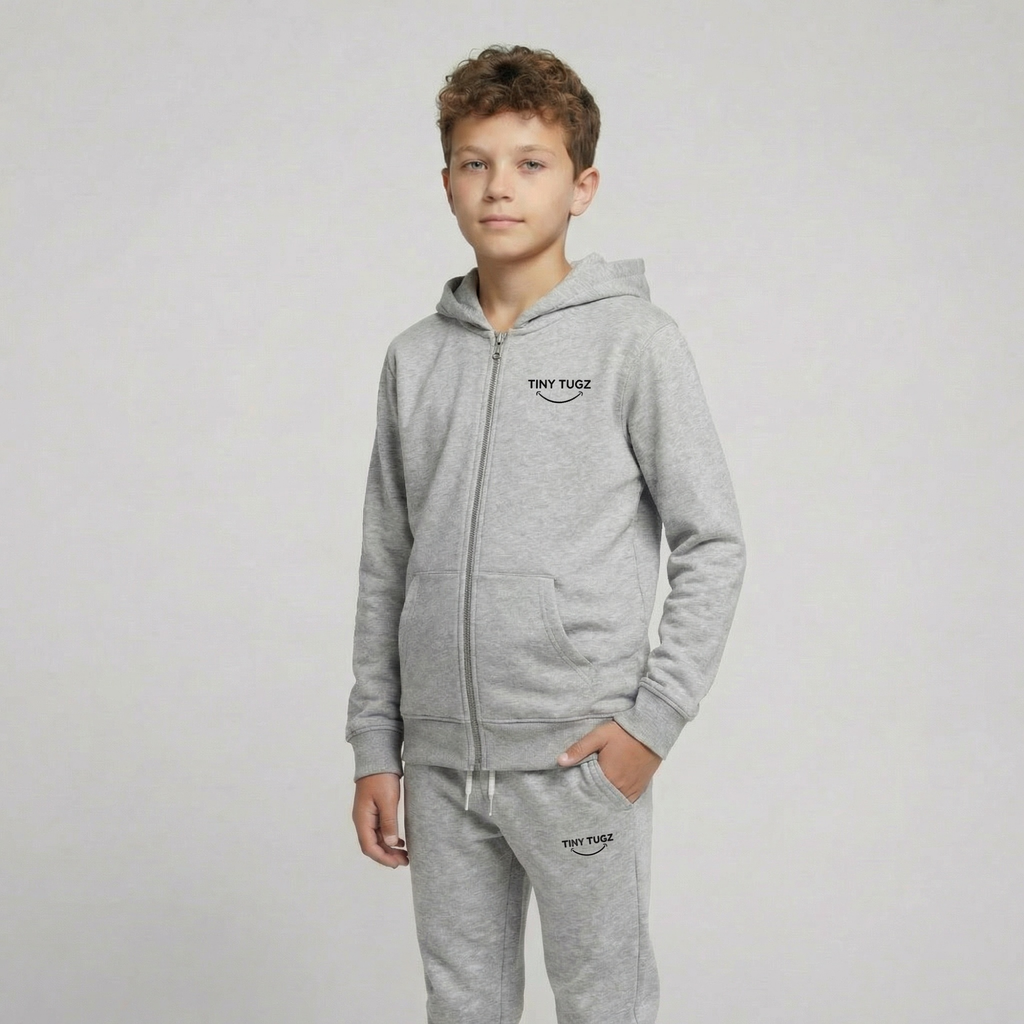 Tiny Tugz™ 100% Organic Cotton Teen Zip Hoodie – Stripe Logo – Grey
