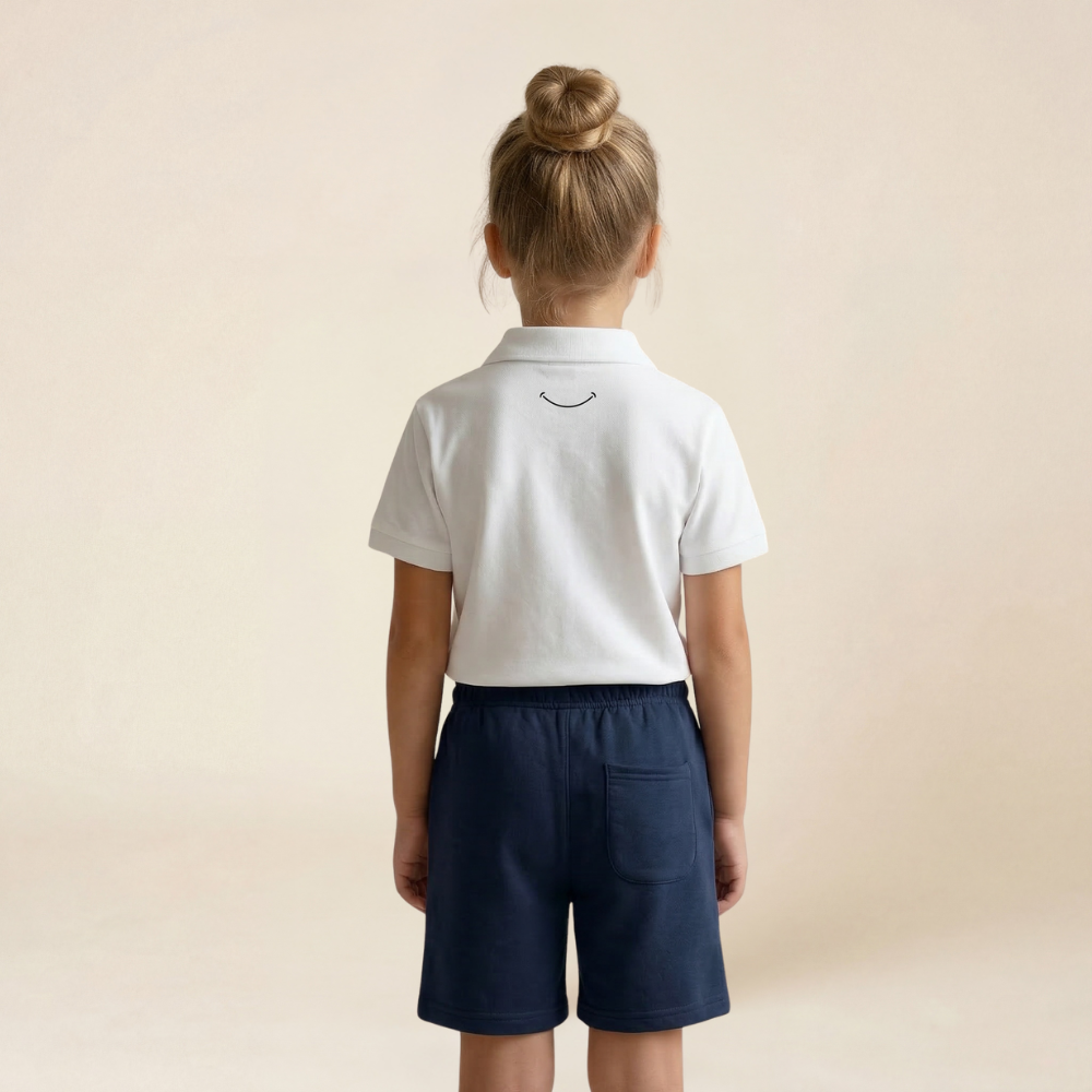 Ensemble décontracté intelligent en coton biologique pour enfants (polo blanc + short marine)