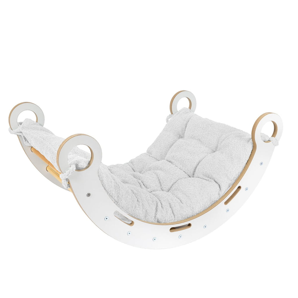 Montessori Wooden Rocker for Toddlers & Kids with Bouclé Pillow (White)
