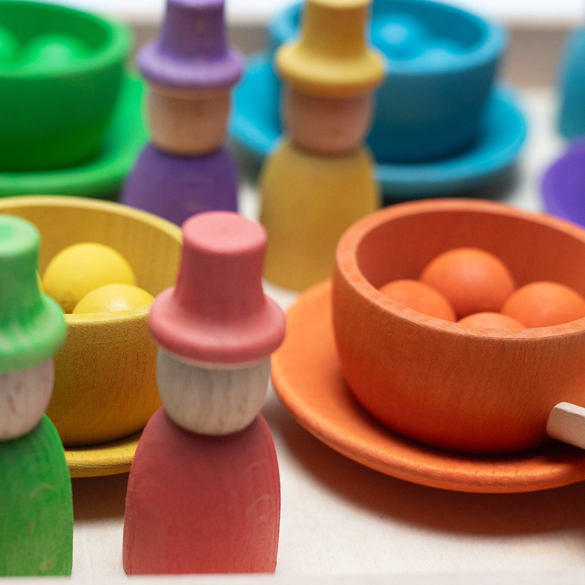 Wooden Toy - Colored Figures, Bowls and Balls on Tray