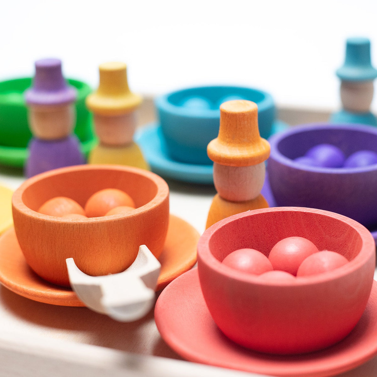 Wooden Toy - Colored Figures, Bowls and Balls on Tray