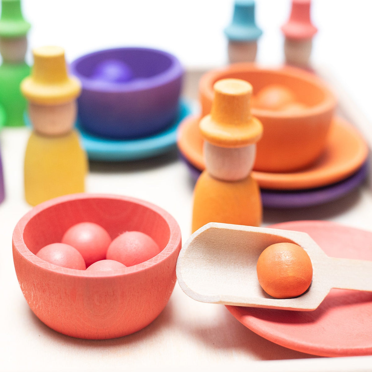 Wooden Toy - Colored Figures, Bowls and Balls on Tray