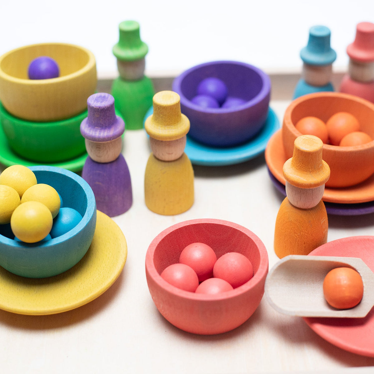 Wooden Toy - Colored Figures, Bowls and Balls on Tray