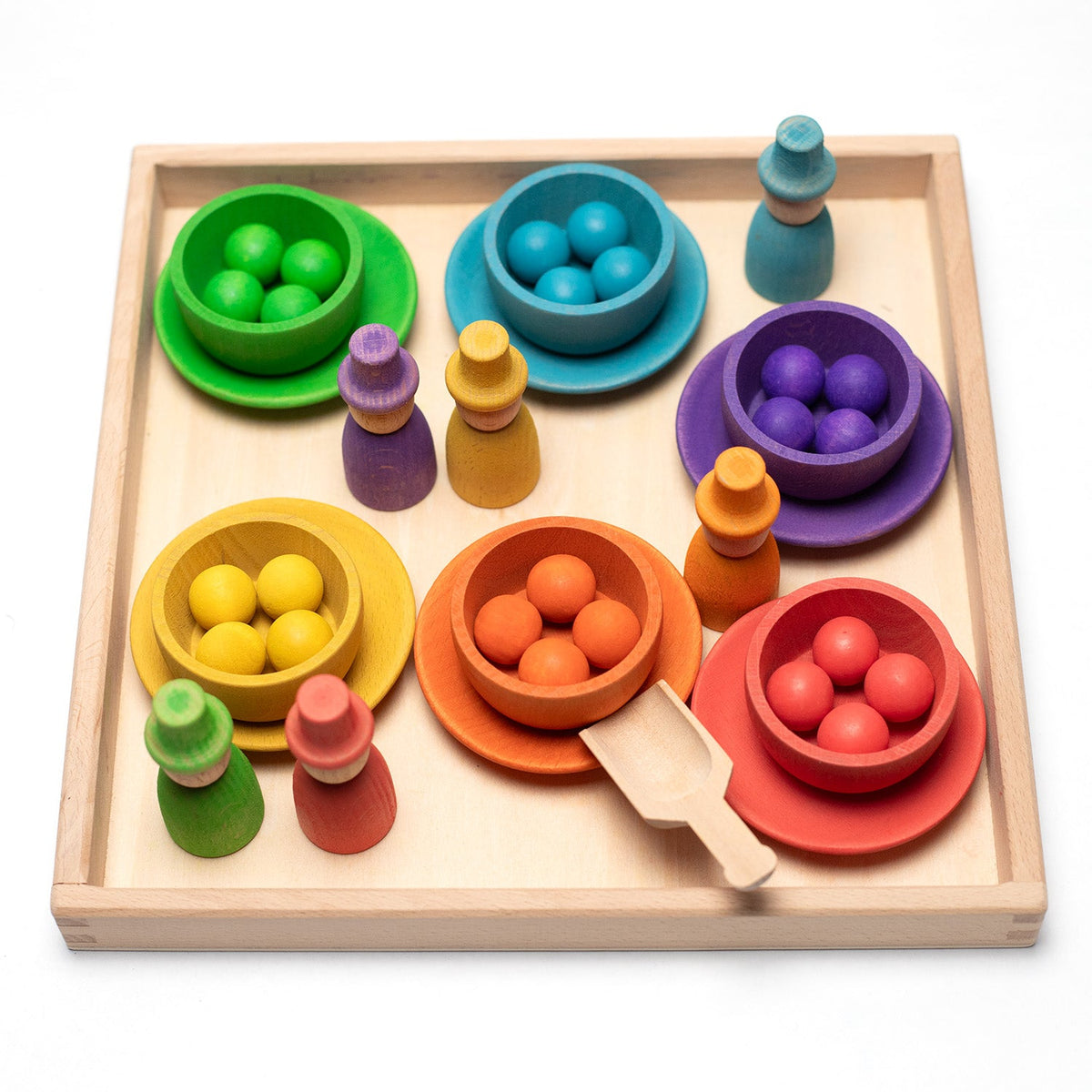 Wooden Toy - Colored Figures, Bowls and Balls on Tray