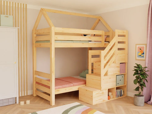 ALPY House Bunk Bed 90x200 with Storage Stairs - Solid Pine - Tiny Tugz™