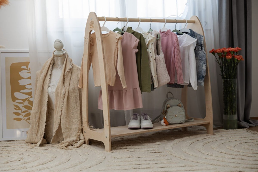 Arched Clothing Rack for Kids - Wooden, with Shoe Shelf, Large (Natural Wood) - Tiny Tugz™