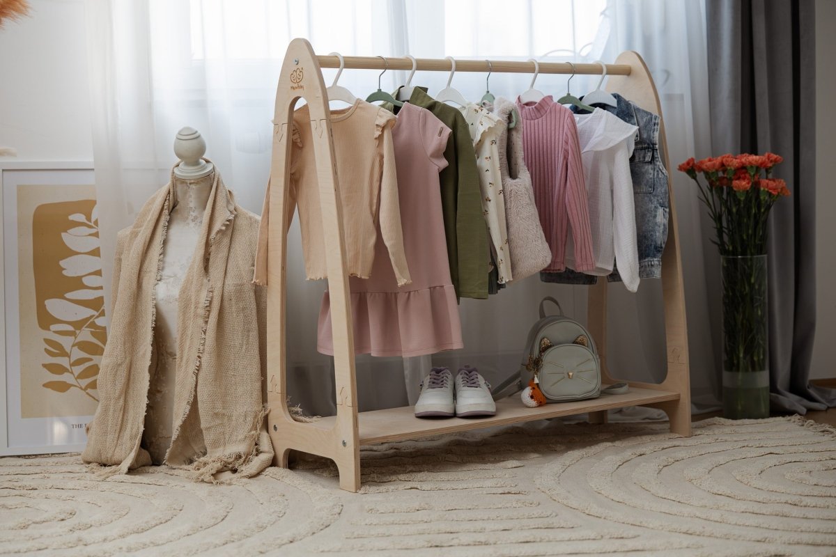 Arched Clothing Rack for Kids - Wooden, with Shoe Shelf, Large (Natural Wood) - Tiny Tugz™