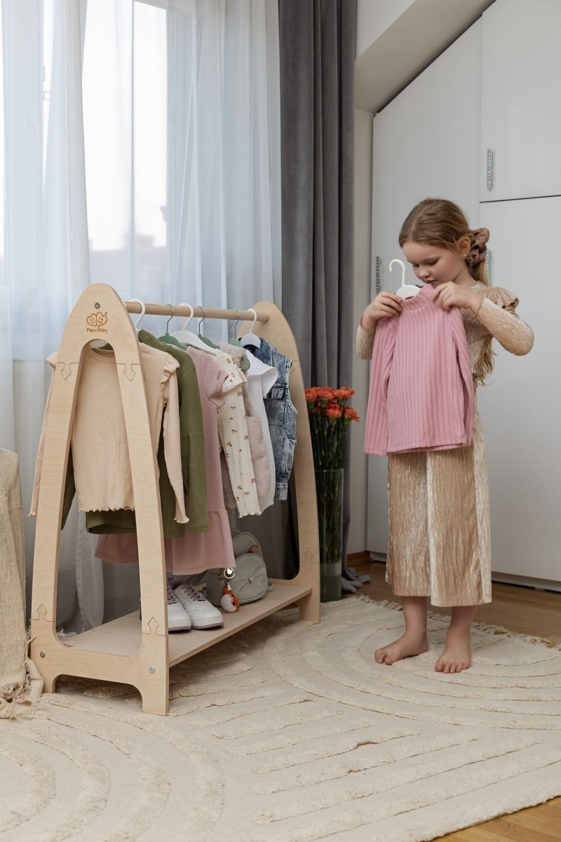 Arched Clothing Rack for Kids - Wooden, with Shoe Shelf, Large (Natural Wood) - Tiny Tugz™