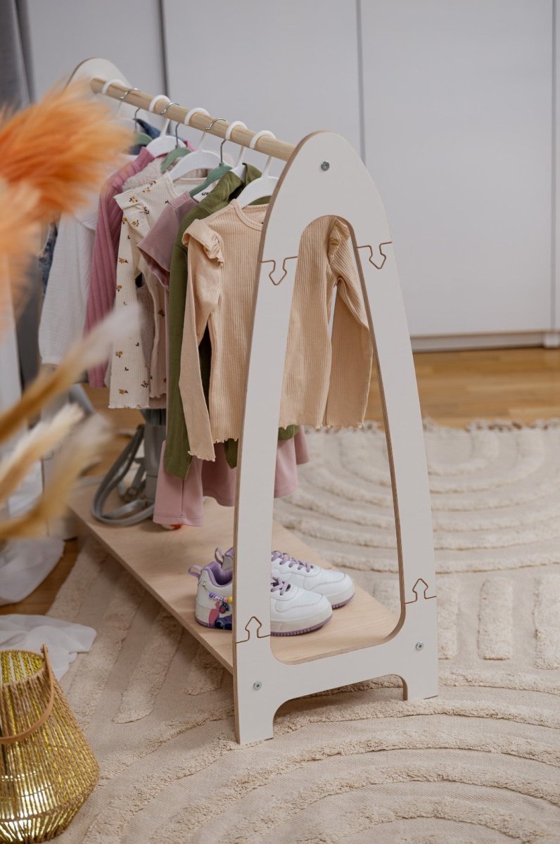 Arched Clothing Rack for Kids - Wooden, with Shoe Shelf, Large (White) - Tiny Tugz™