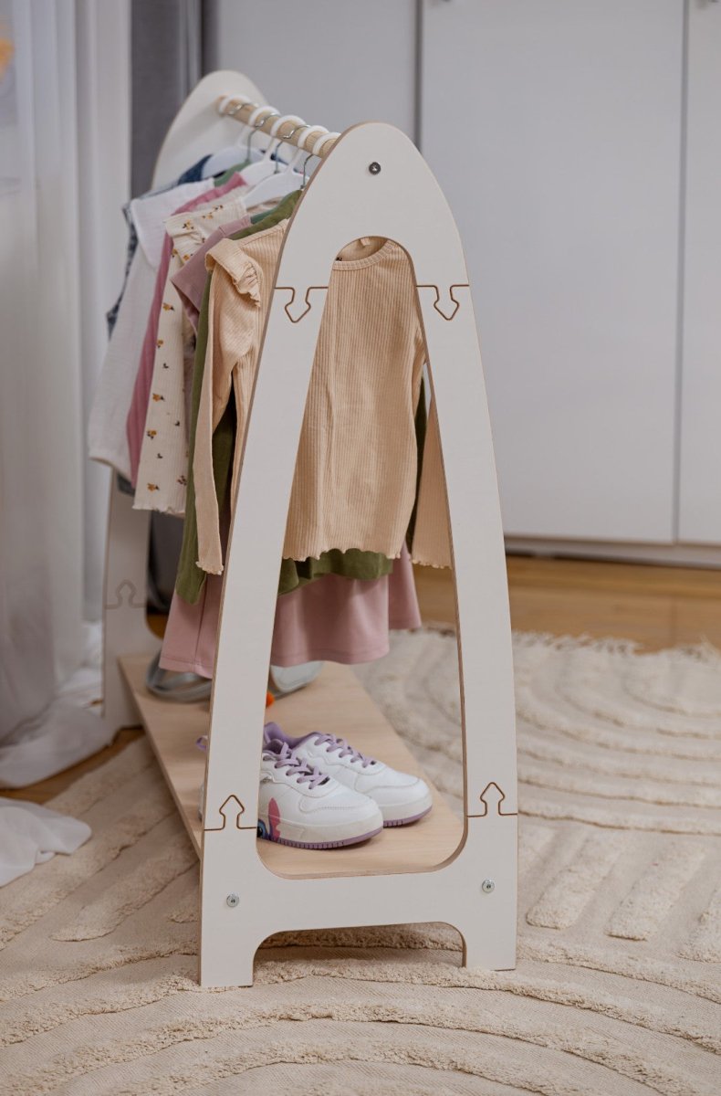 Arched Clothing Rack for Kids - Wooden, with Shoe Shelf, Large (White) - Tiny Tugz™