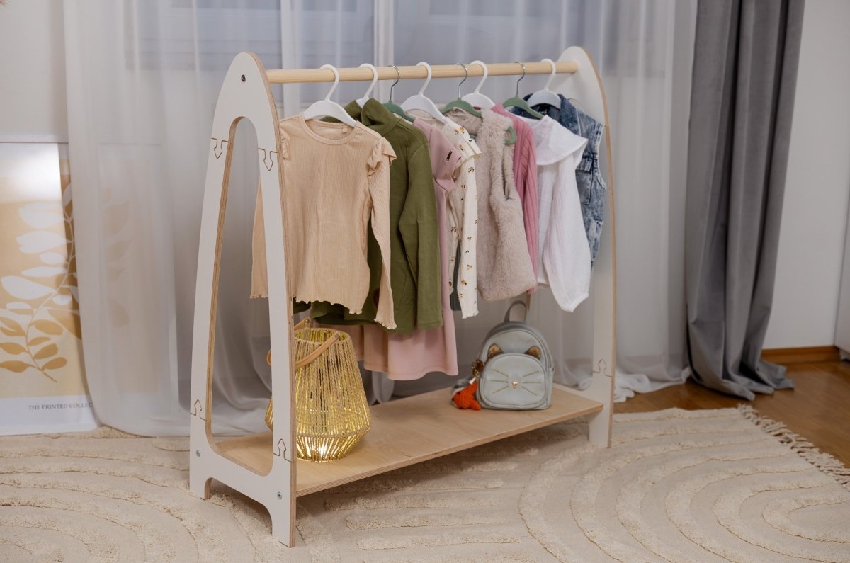 Arched Clothing Rack for Kids - Wooden, with Shoe Shelf, Large (White) - Tiny Tugz™