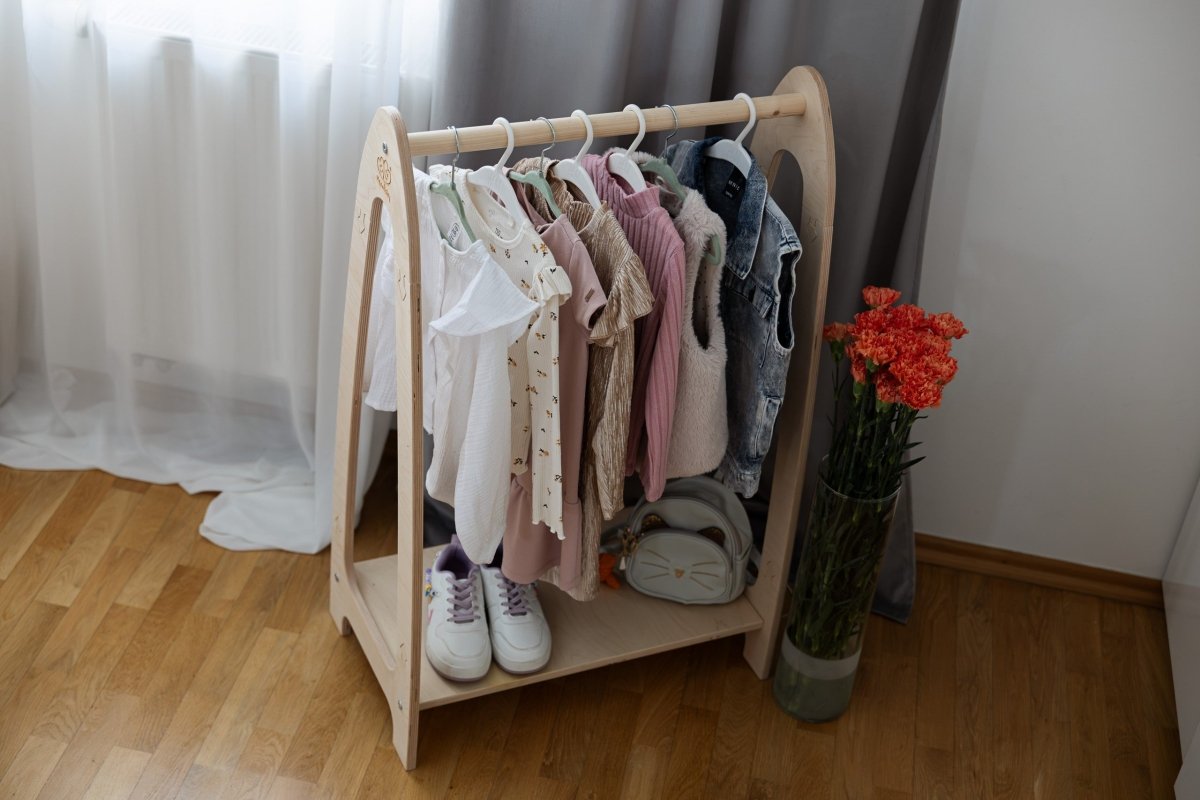 Arched Clothing Rack for Kids - Wooden, with Shoe Shelf, Small (Natural Wood) - Tiny Tugz™