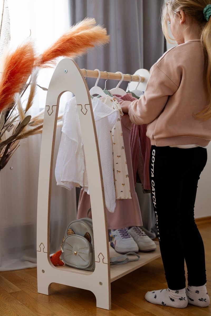 Arched Clothing Rack for Kids - Wooden, with Shoe Shelf, Small (White) - Tiny Tugz™