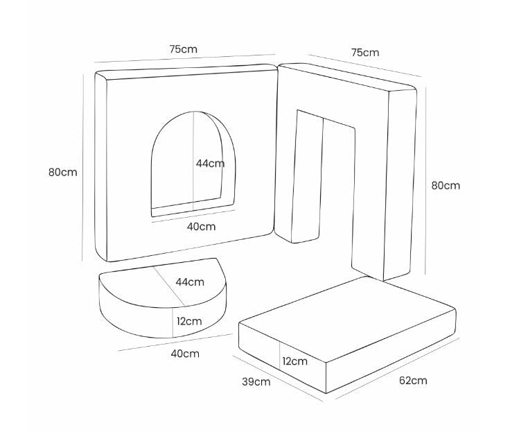 Archway Add-on for Kids Play Sofa, 4 Pieces - Velvet Corduroy, for 160 cm Sofas (Grey) - Tiny Tugz™