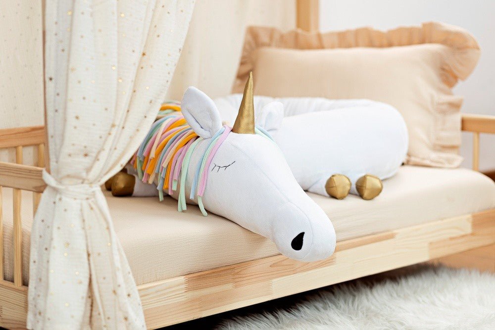 Aurora Unicorn Cuddle Pillow & Bed Wall Bumper - Minky, 235 cm (White, Rainbow Mane) - Tiny Tugz™