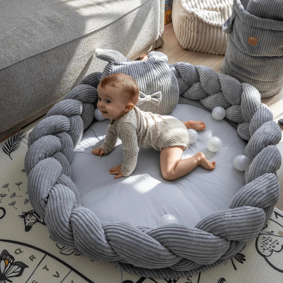 Baby Cocoon with Braided Protective Bumper & Play Mat — Velvet Corduroy (Vanilla) - Tiny Tugz™