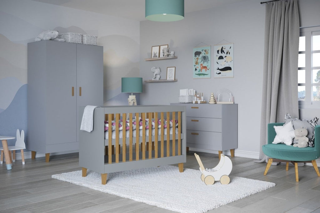 Baby Cot Kubi 120x60 - Adjustable Height, Solid Oak Slats - Grey - Tiny Tugz™