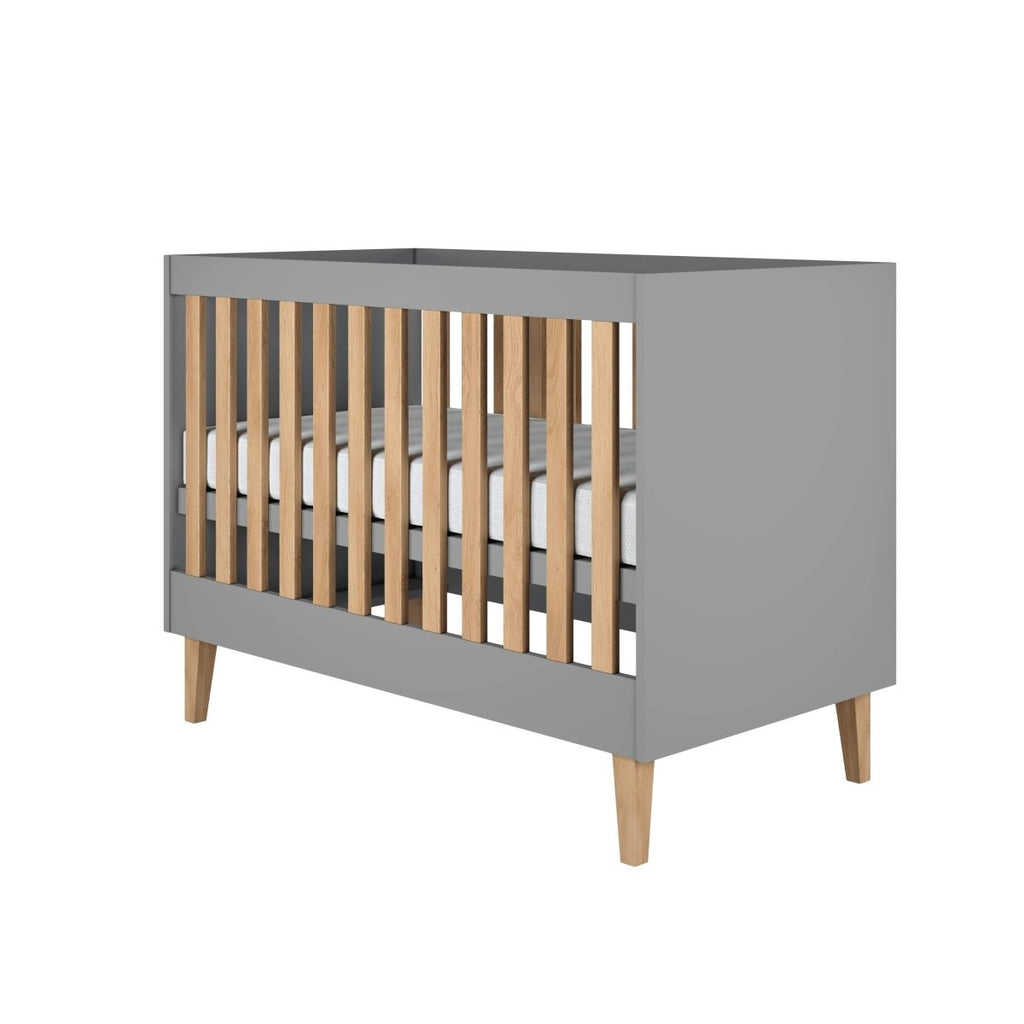 Baby Cot Kubi 120x60 - Adjustable Height, Solid Oak Slats - Grey - Tiny Tugz™