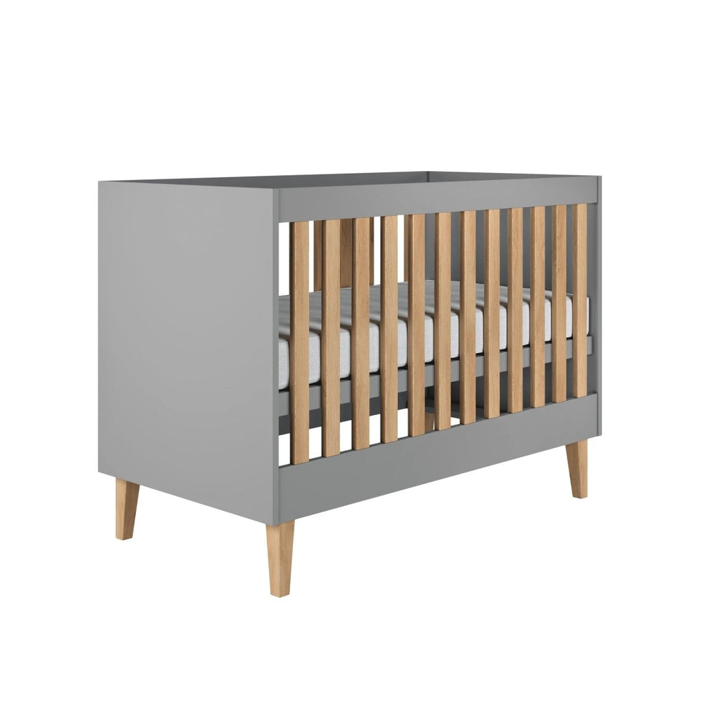 Baby Cot Kubi 120x60 - Adjustable Height, Solid Oak Slats - Grey - Tiny Tugz™