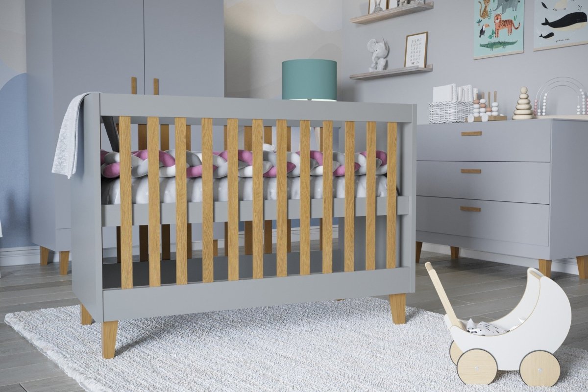 Baby Cot Kubi 120x60 - Adjustable Height, Solid Oak Slats - Grey - Tiny Tugz™