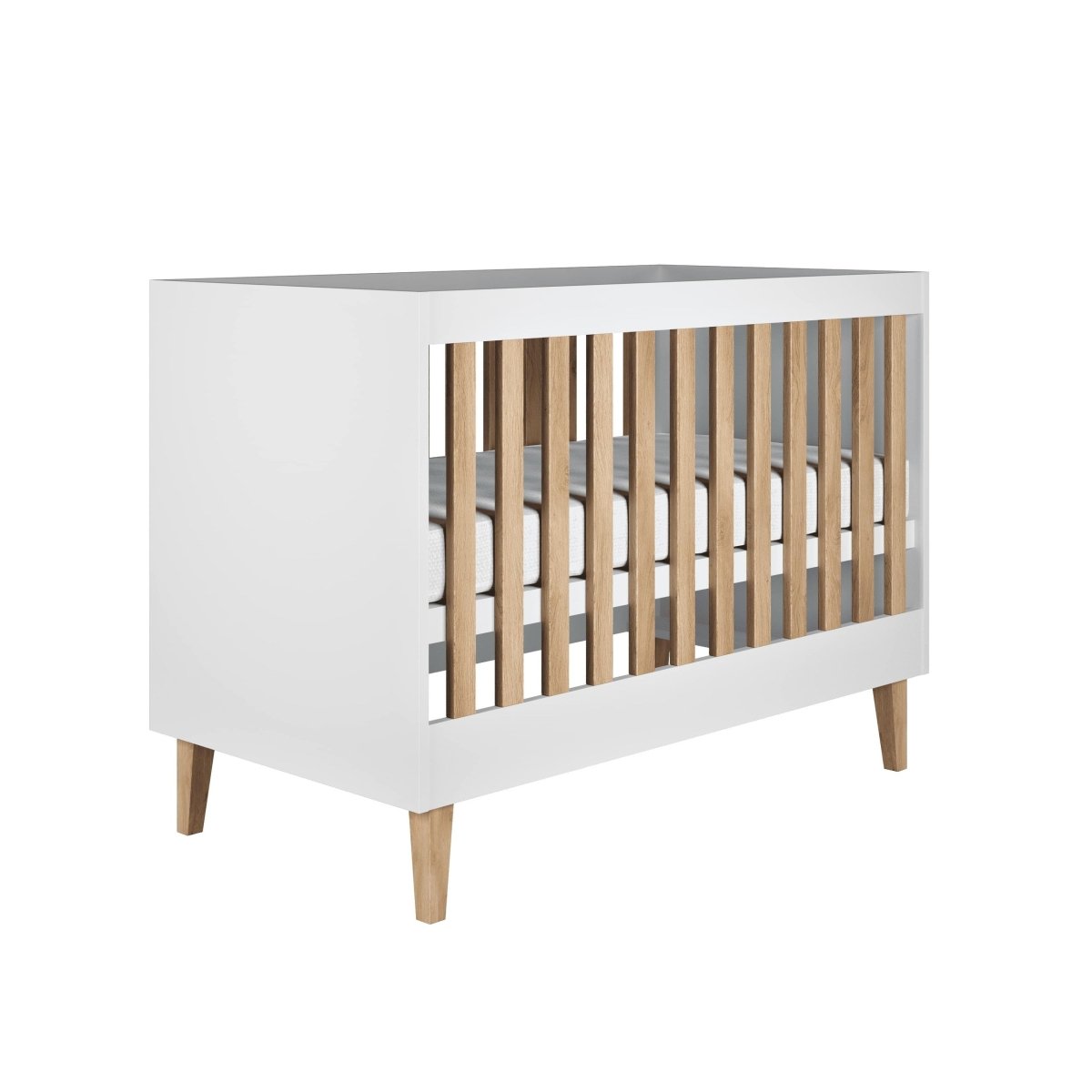 Baby Cot Kubi 120x60 - Adjustable Height, Solid Oak Slats - White - Tiny Tugz™
