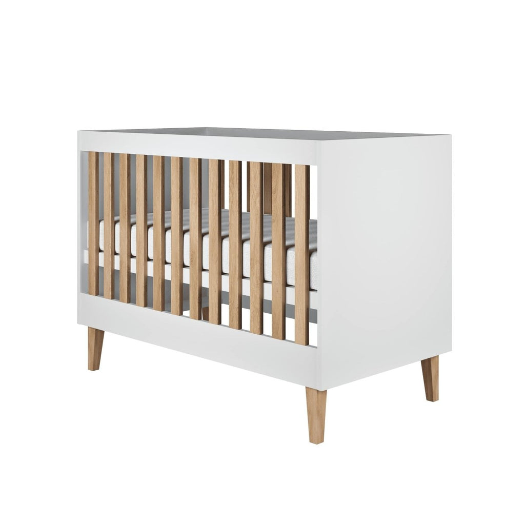 Baby Cot Kubi 120x60 - Adjustable Height, Solid Oak Slats - White - Tiny Tugz™