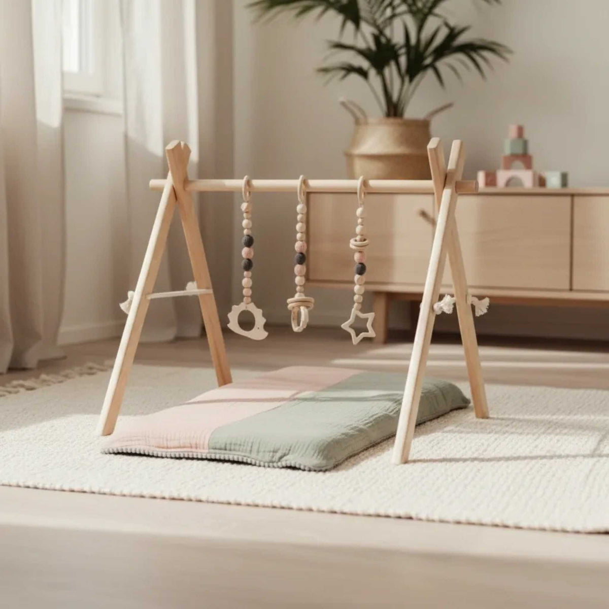 Wooden Baby Gym with Pink Toys – Montessori Play Arch