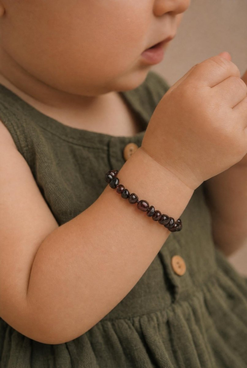 Baby/Child - Amber Bracelet - Round Beads - Polished - 14cm - Cherry - Tiny Tugz™