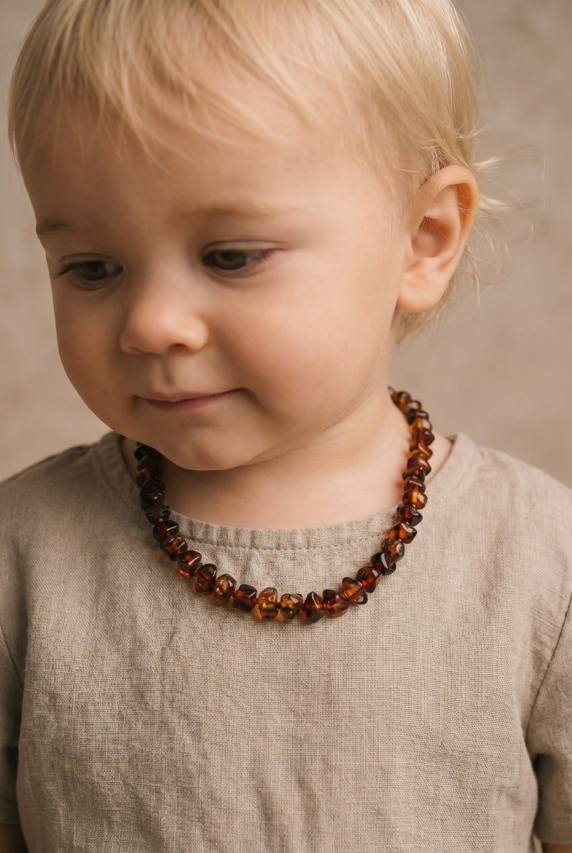 Baby/Child - Amber Necklace - Flattened Polished Beads - 33cm - Brown - Tiny Tugz™
