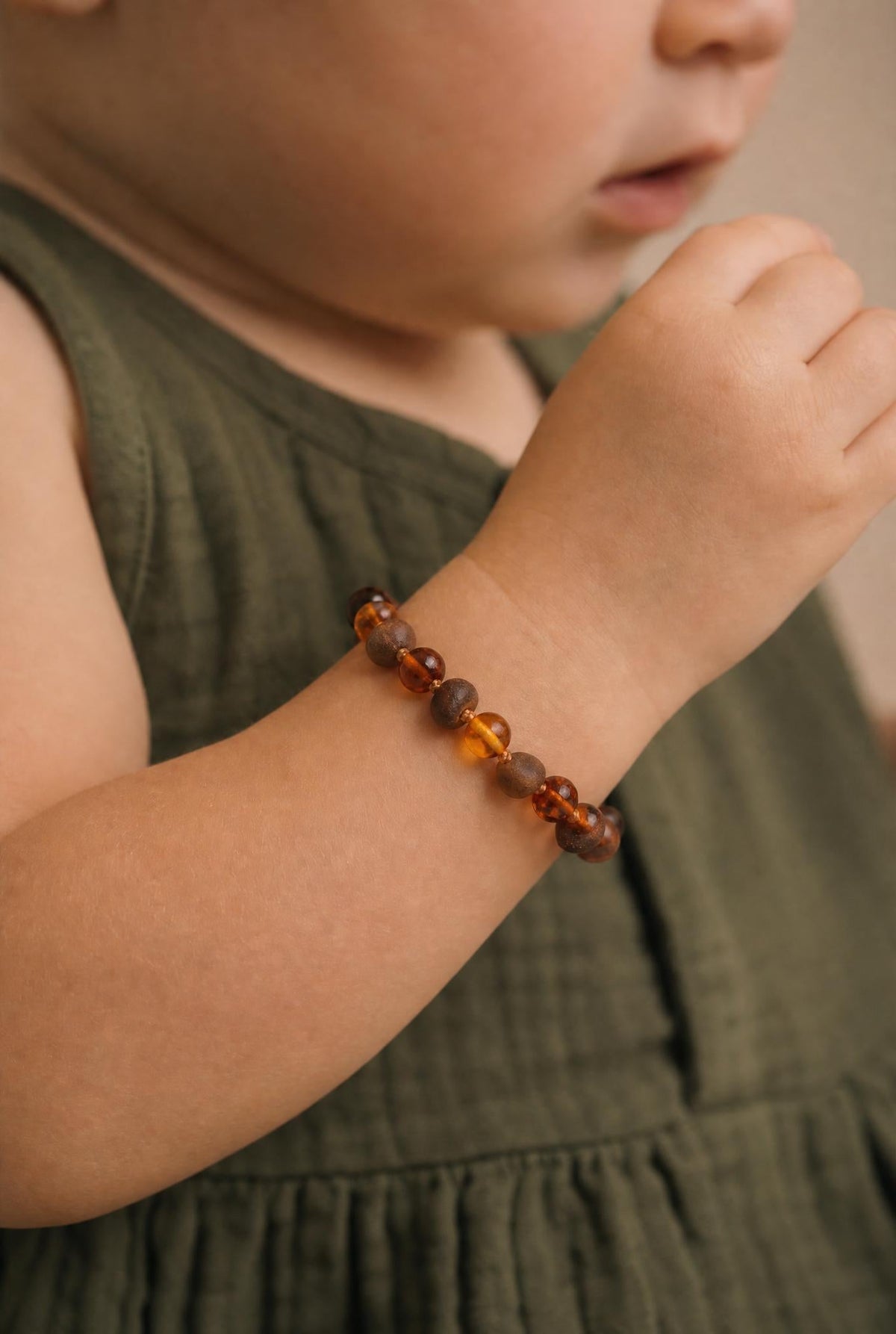 Baby/Child - Amber Bracelet - Round Beads - Polished/Raw - 14cm - Cognac