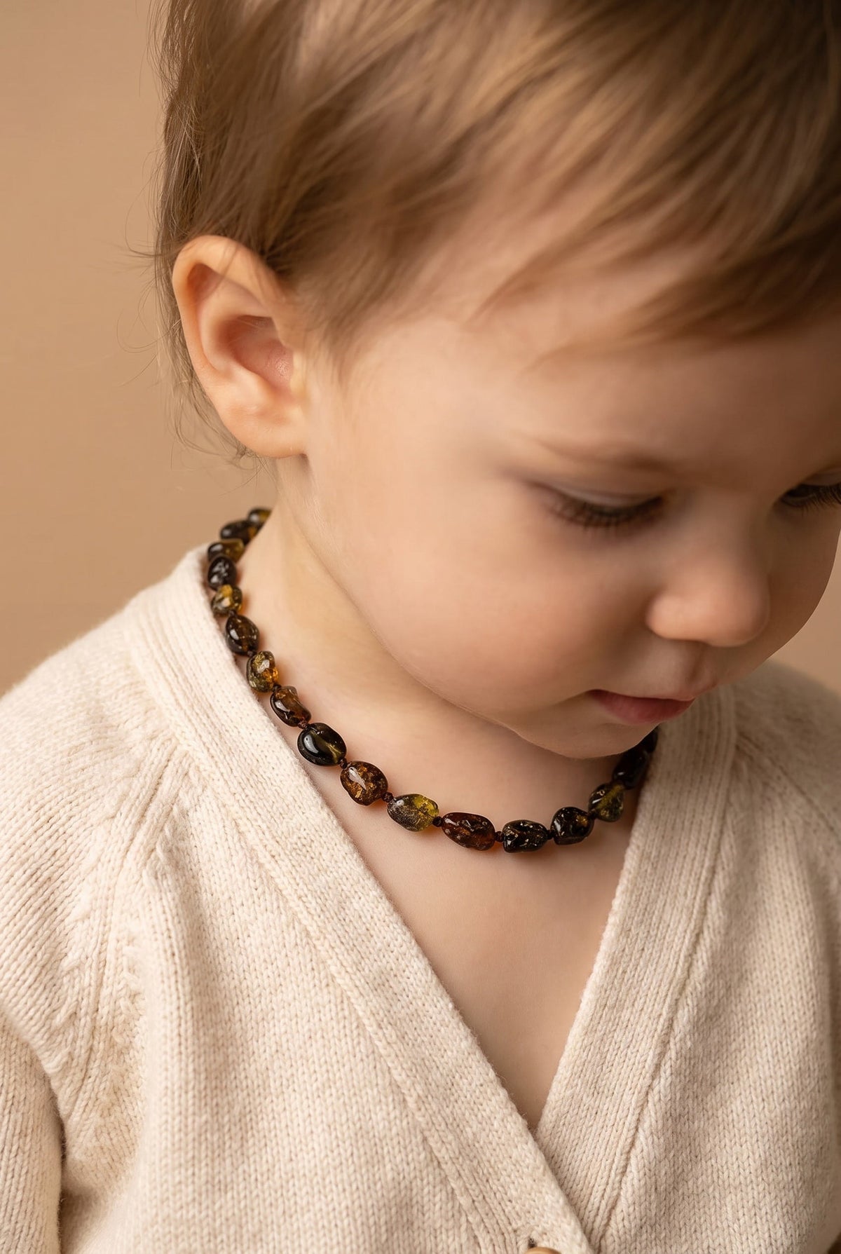 Baby/Child - Amber Necklace - Green Oval Beads - 33cm
