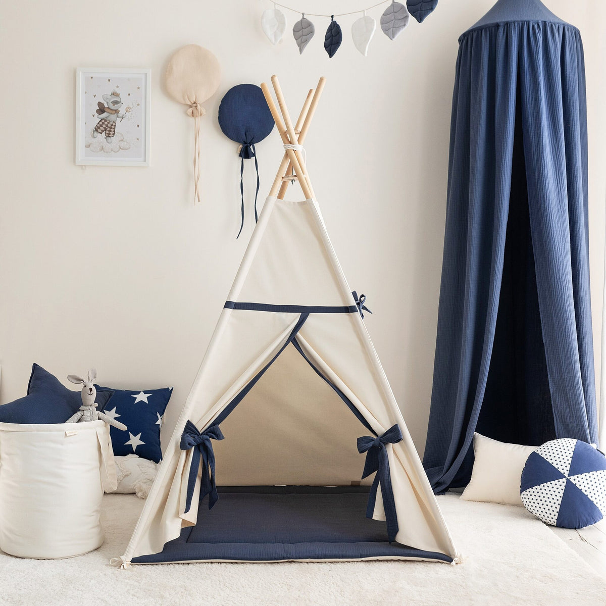 Beige-Navy Blue Teepee Tent – OEKO-TEX® certified cotton teepee tent, handmade in Poland