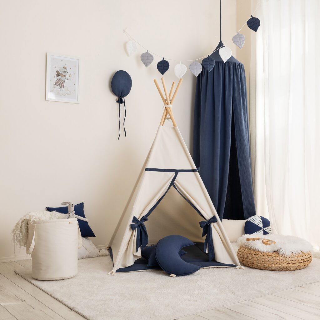 Beige-Navy Blue Teepee Tent – OEKO-TEX® certified cotton teepee tent, handmade in Poland